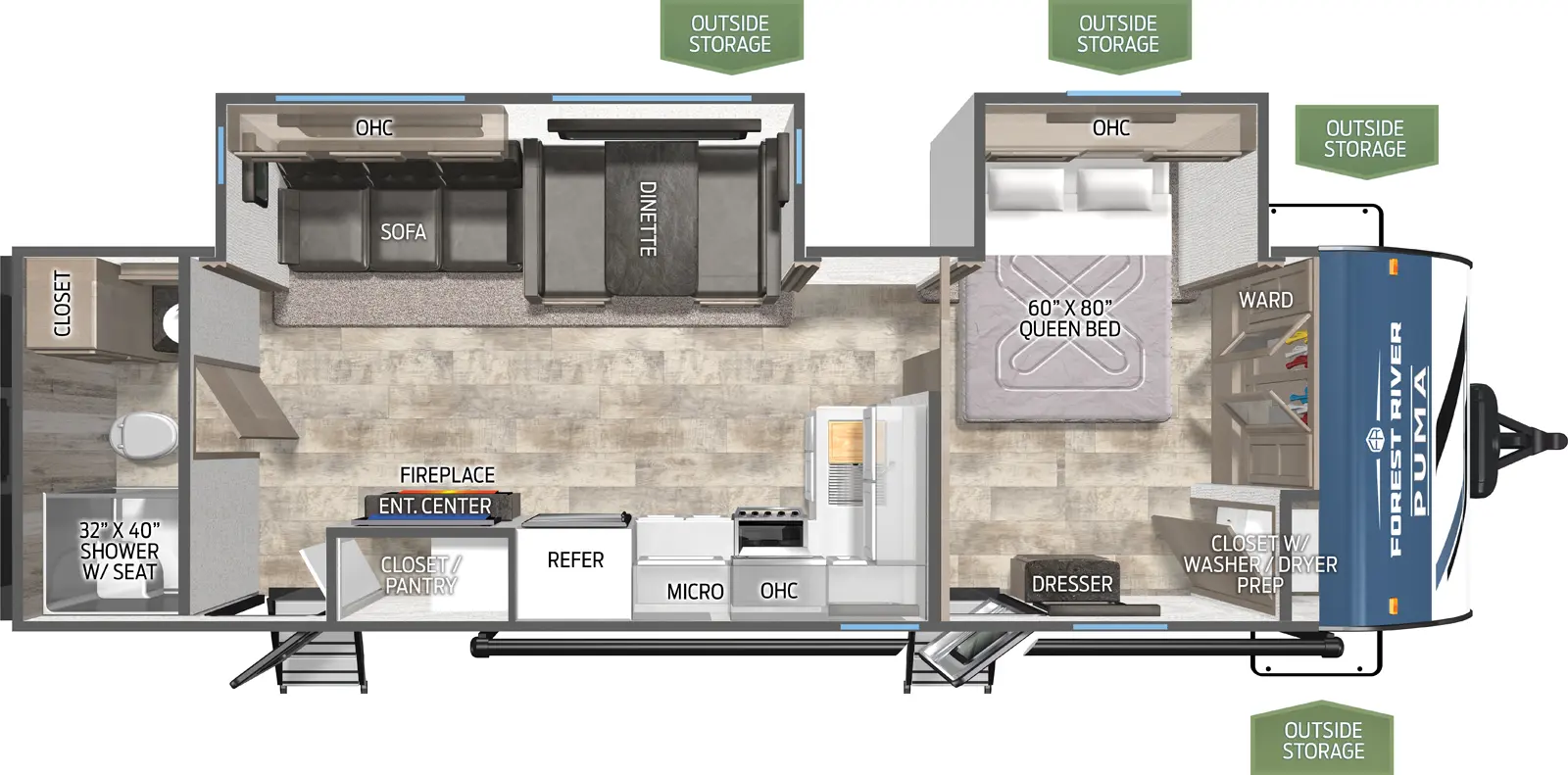 The Puma 27RBDS floorplan has two entries and two slide outs. Exterior features include: metal exterior and 21' awning. Interiors features include: front bedroom and rear bathroom.